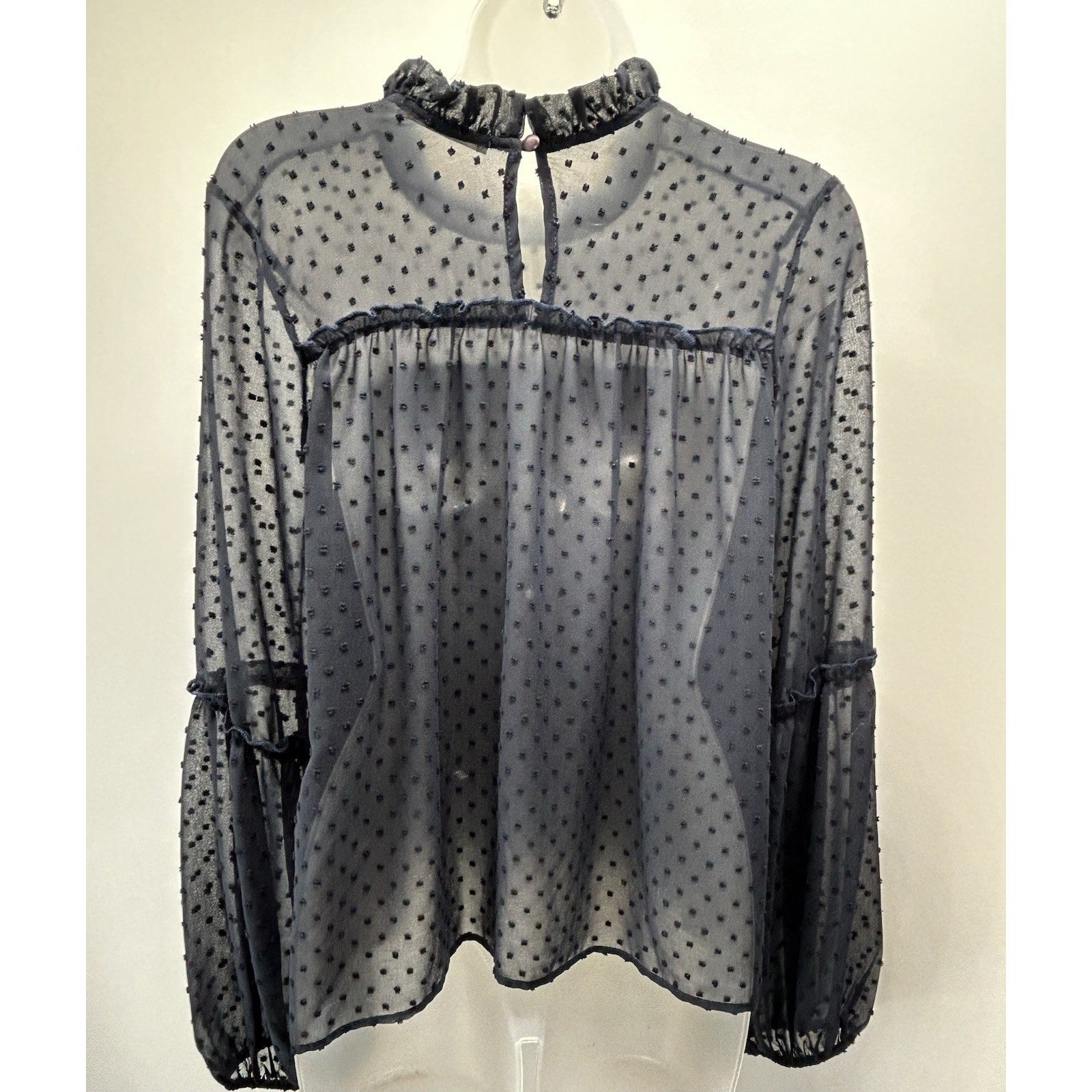 Le Lis Polka Dots Ruffled Neck Long Sleeve Blouse Size Large Blue . Made In USA