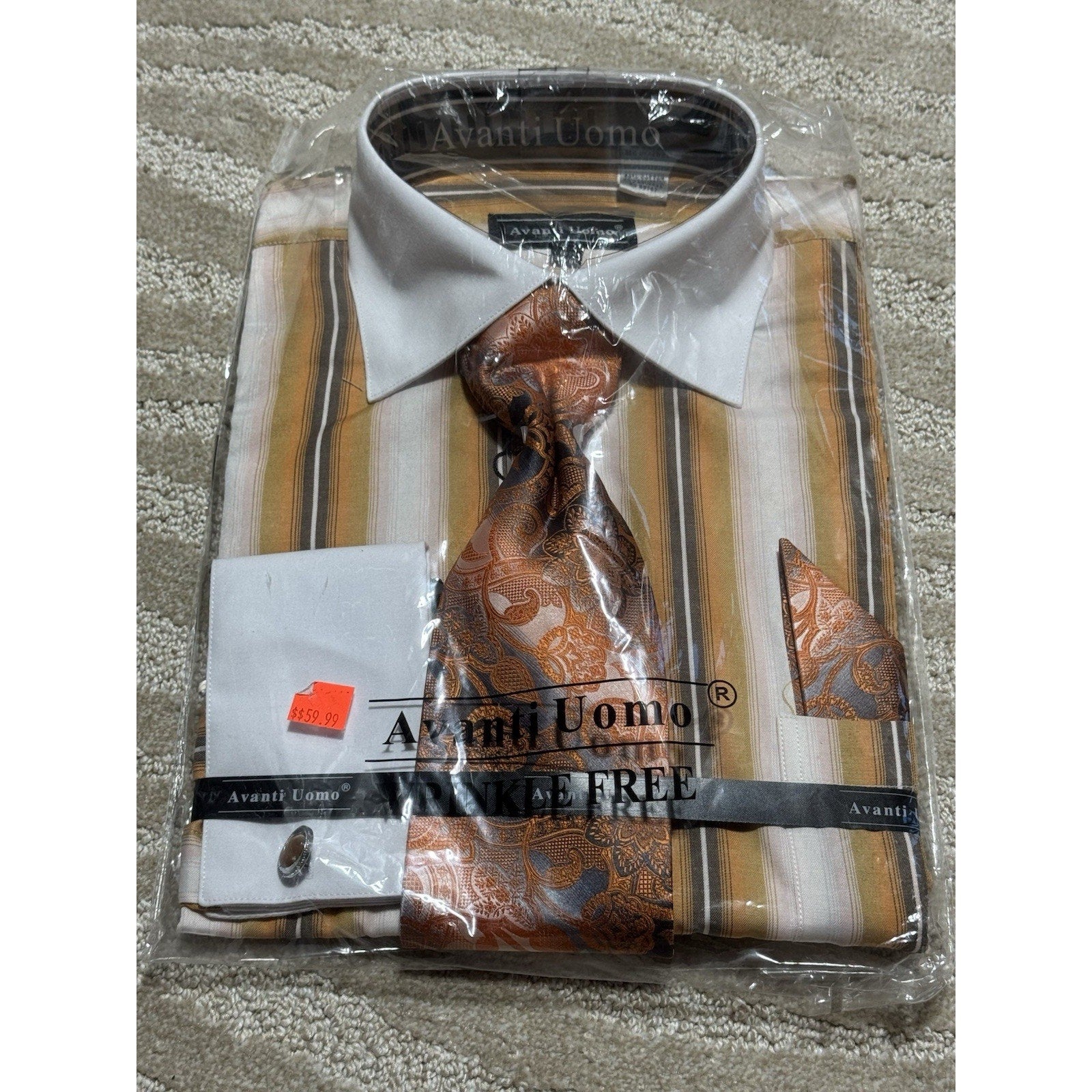 NWT Avanti Uomo 16.5 34/35 Dress Shirt Tie Hanky Cufflinks Set Orange Stripe