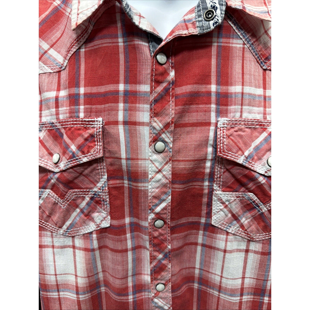 BKE Mens Red Plaid Pearl Snap Shirt Athletic Fit Size L Western Cowboy