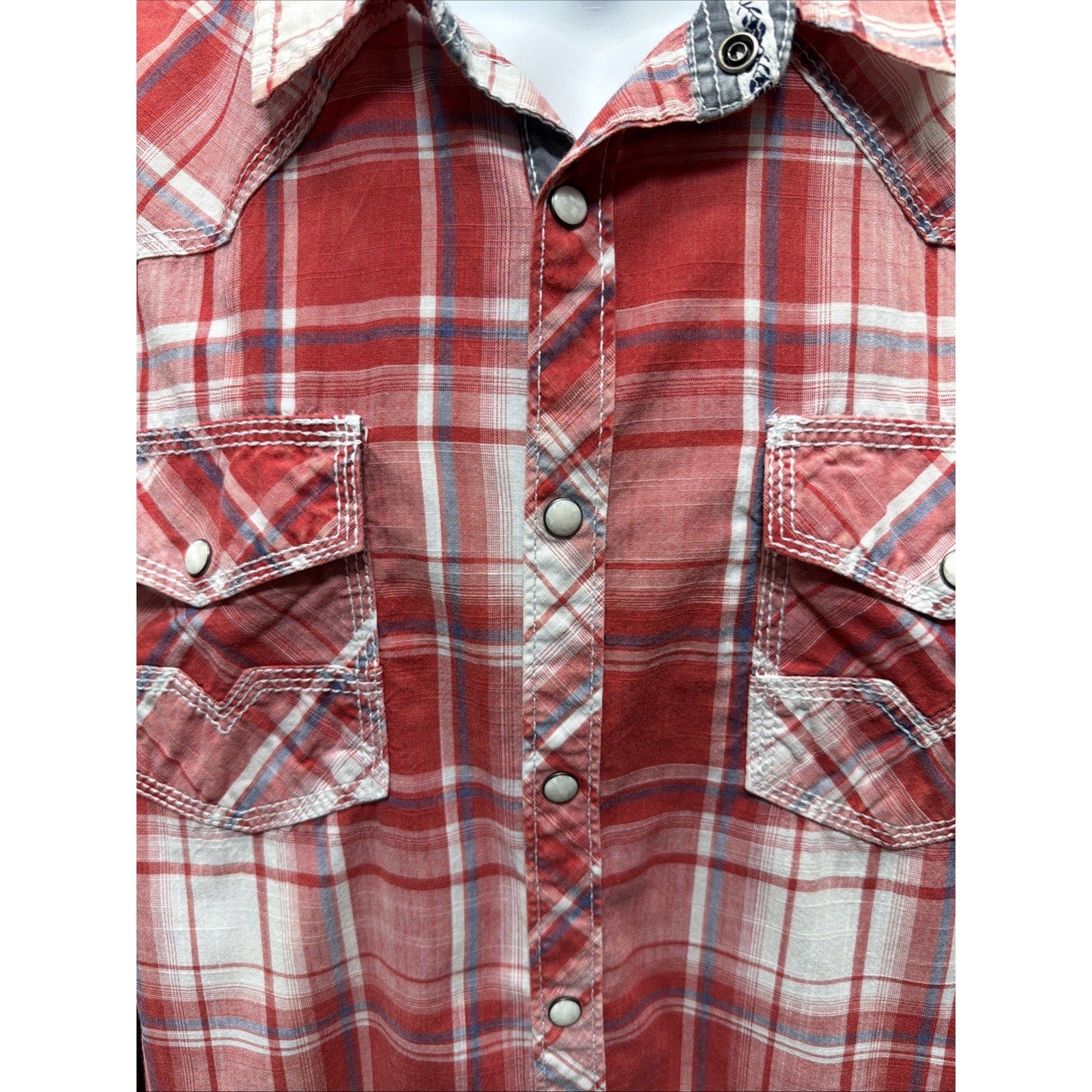 BKE Mens Red Plaid Pearl Snap Shirt Athletic Fit Size L Western Cowboy