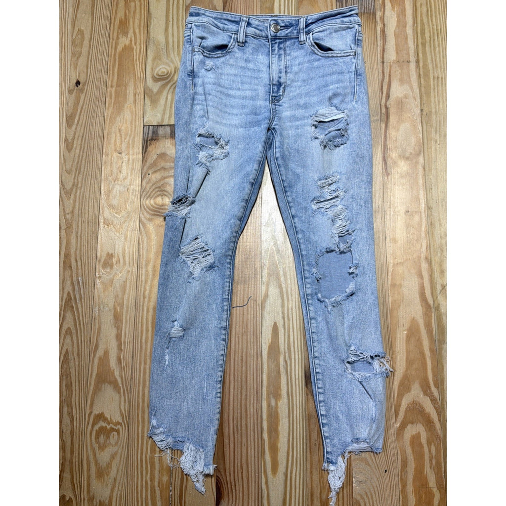 American Eagle High Rise Jegging Crop Next Level Stretch Size 8 Blue Destroyed