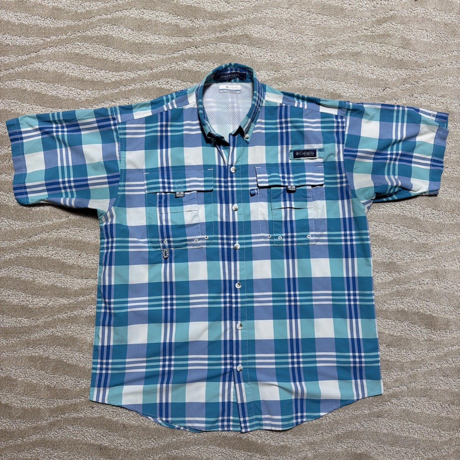 Columbia PFG Super Bahama Shirt Mens S Short Sleeve Fishing Plaid Blue