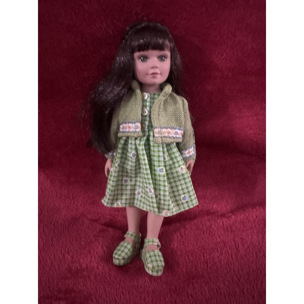 Vintage 9” Brunette Girl Doll Green Gingham Dress Knit Sweater Shoes Blue Eyes