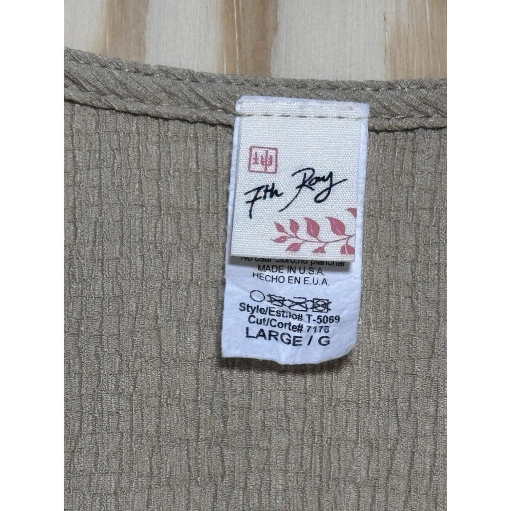 7th Ray Beige Ruffle Sleeve Top Large Textured V-Neck Made USA Boho