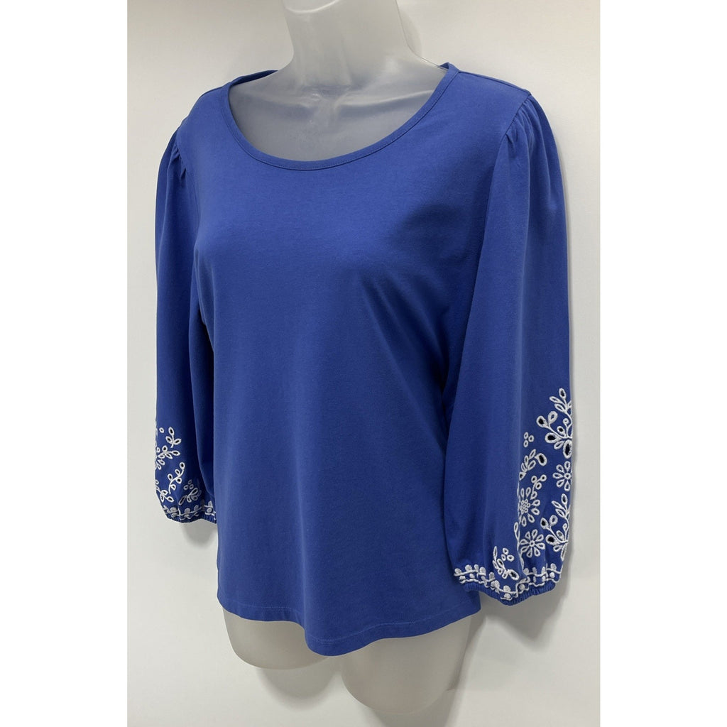 Talbots Eyelet Embroidered Peasant Top Womans Size LP Blue Cotton Boho Casual