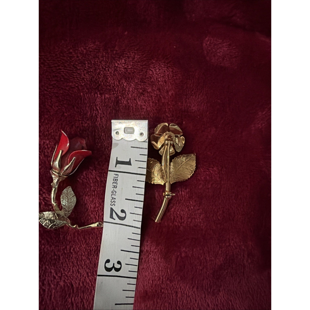 VTG Brooch 2PC Set Gold tone Red Rose Elegant Romantic Florals Pins