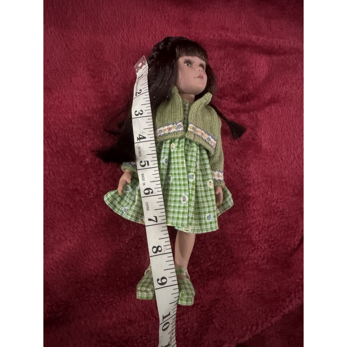 Vintage 9” Brunette Girl Doll Green Gingham Dress Knit Sweater Shoes Blue Eyes