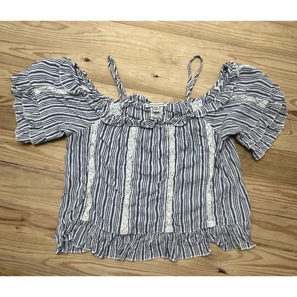 American Eagle Smocked Crop Top Womens Size XS Short Sleeve BLUE White Bohemian.