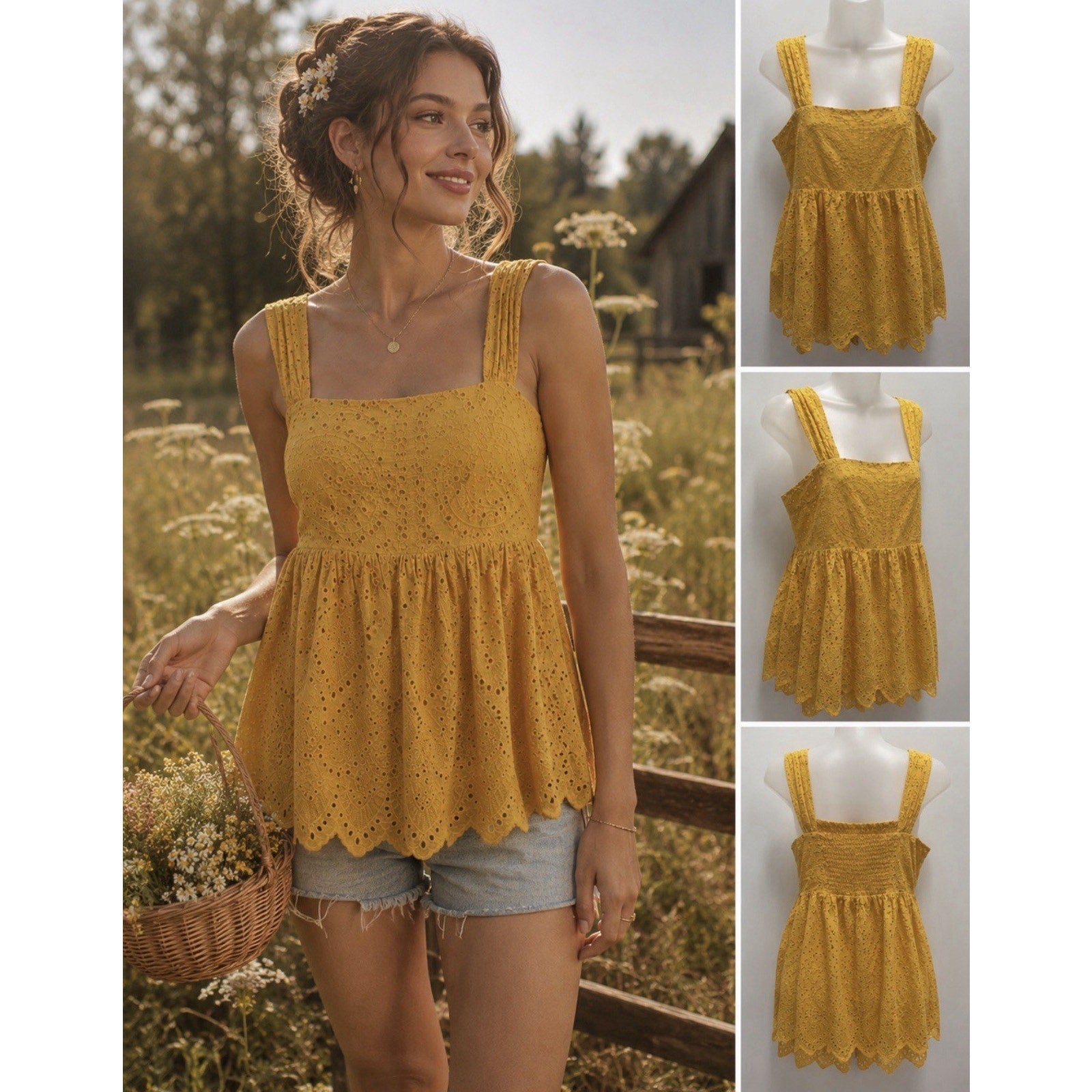 Mustard Yellow Eyelet Top Dress Women Small Boho Cottagecore Babydoll Cotton