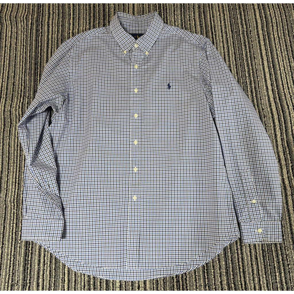 Ralph Lauren Polo Button Up Shirt Mens Blue XL Gingham Long Sleeve Cotton Spot