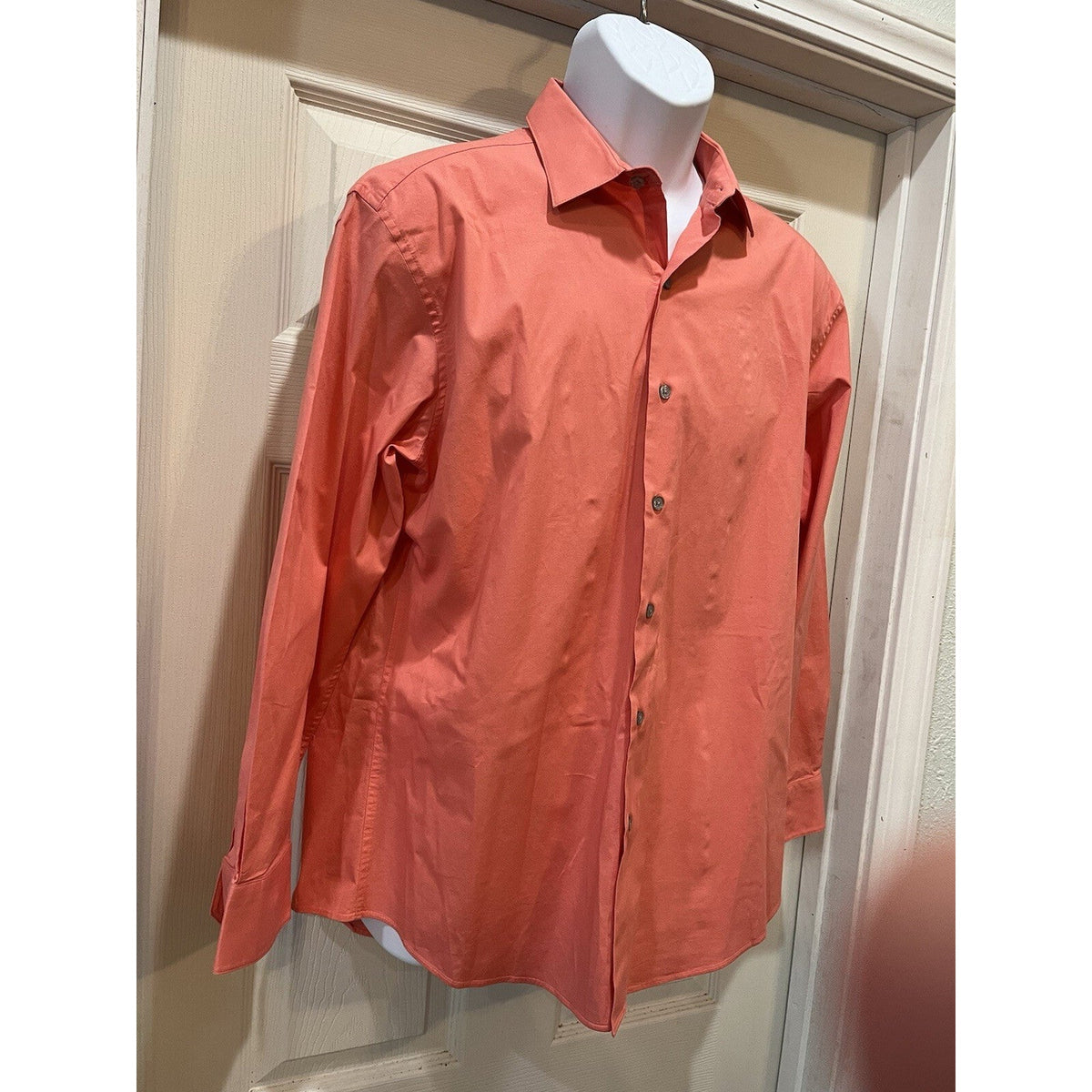 Alfani Solid Orange Button Up Stretch Barrel Cuff Men's Size Large 16.5 34/35