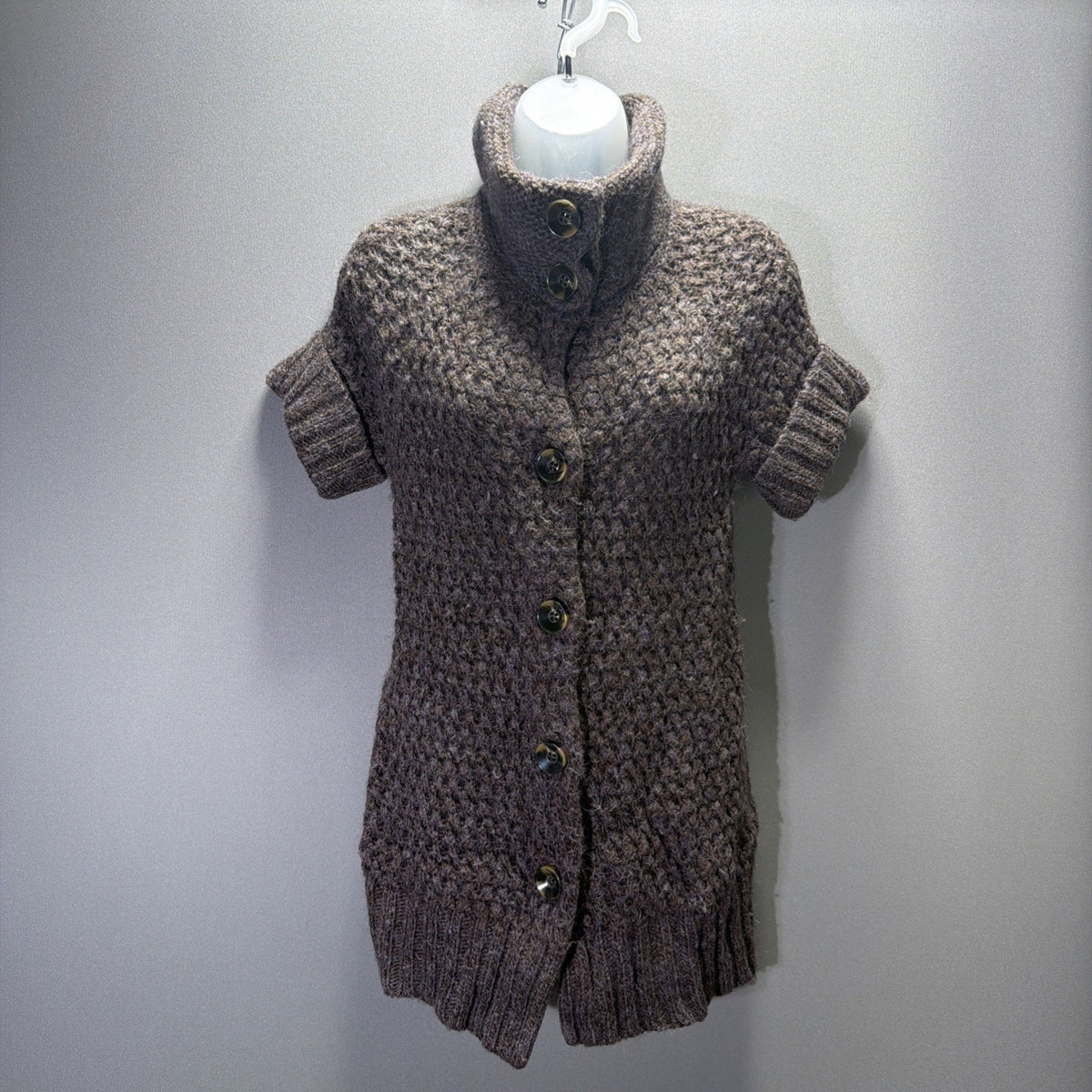 Ann Taylor LOFT Cardigan XS Petite Brown Wool Alpaca Chunky Knit Short Sleeve