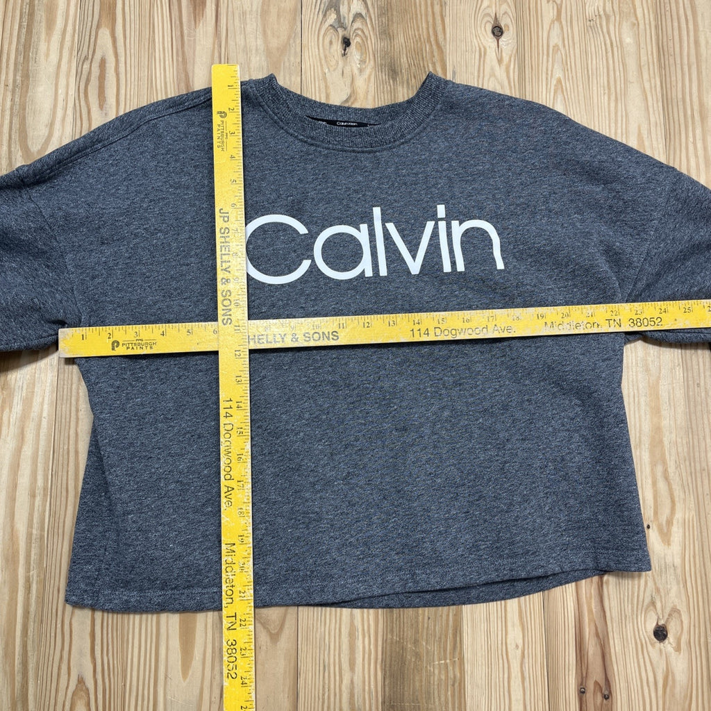 Calvin Klein Cropped Sweatshirt Womens M Gray Fleece Lined Oversized Pullover
