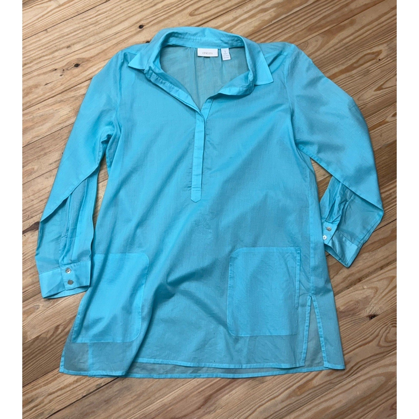 CHICOS Lightweight Sheer Tunic 1/2 Button Front Pockets Blue Women’s Size 1/Med