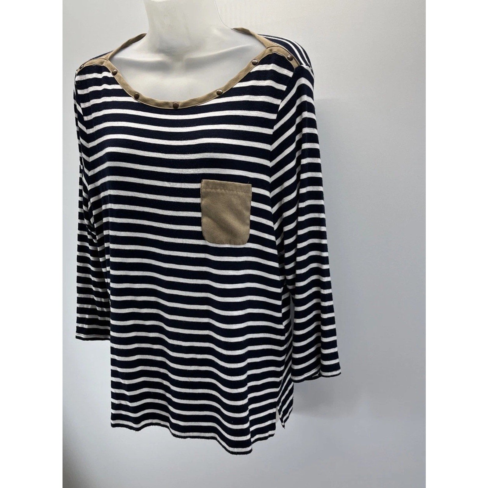 Chico's Indigo White Striped Jumper Top Faux Suede Trim Size 2