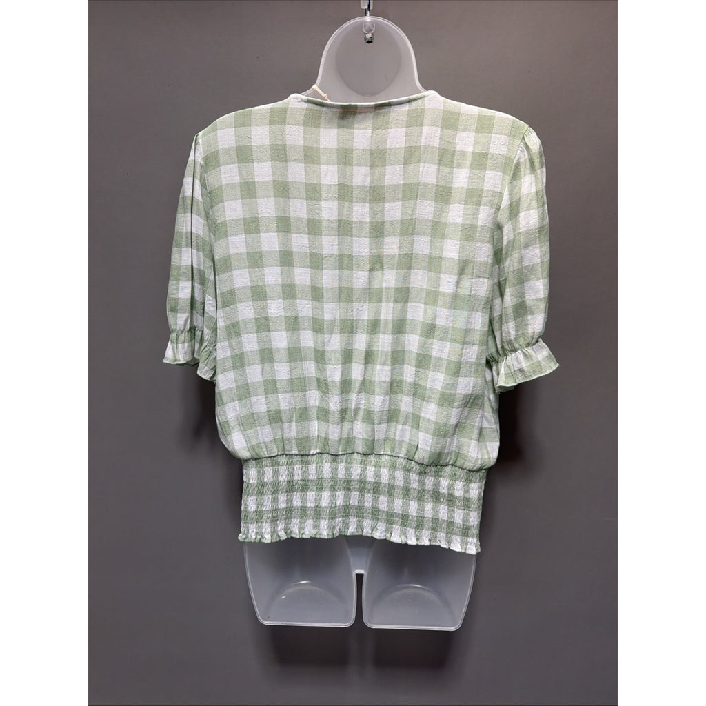 Women’s Blousology White Green Gingham Check Crop Blouse Size Large New