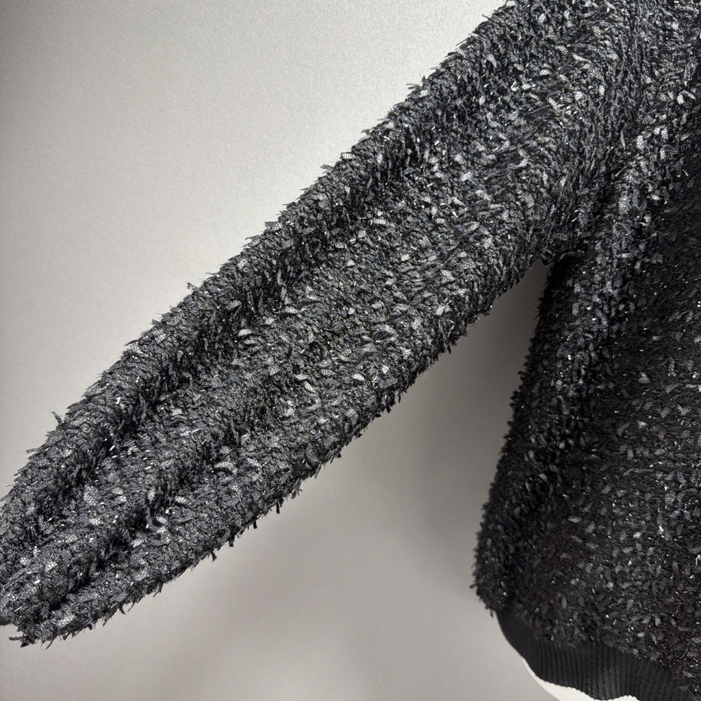NWT 1. State Women's S Black Fringe Balloon Sleeve Silver Shimmer Sweater Stretc