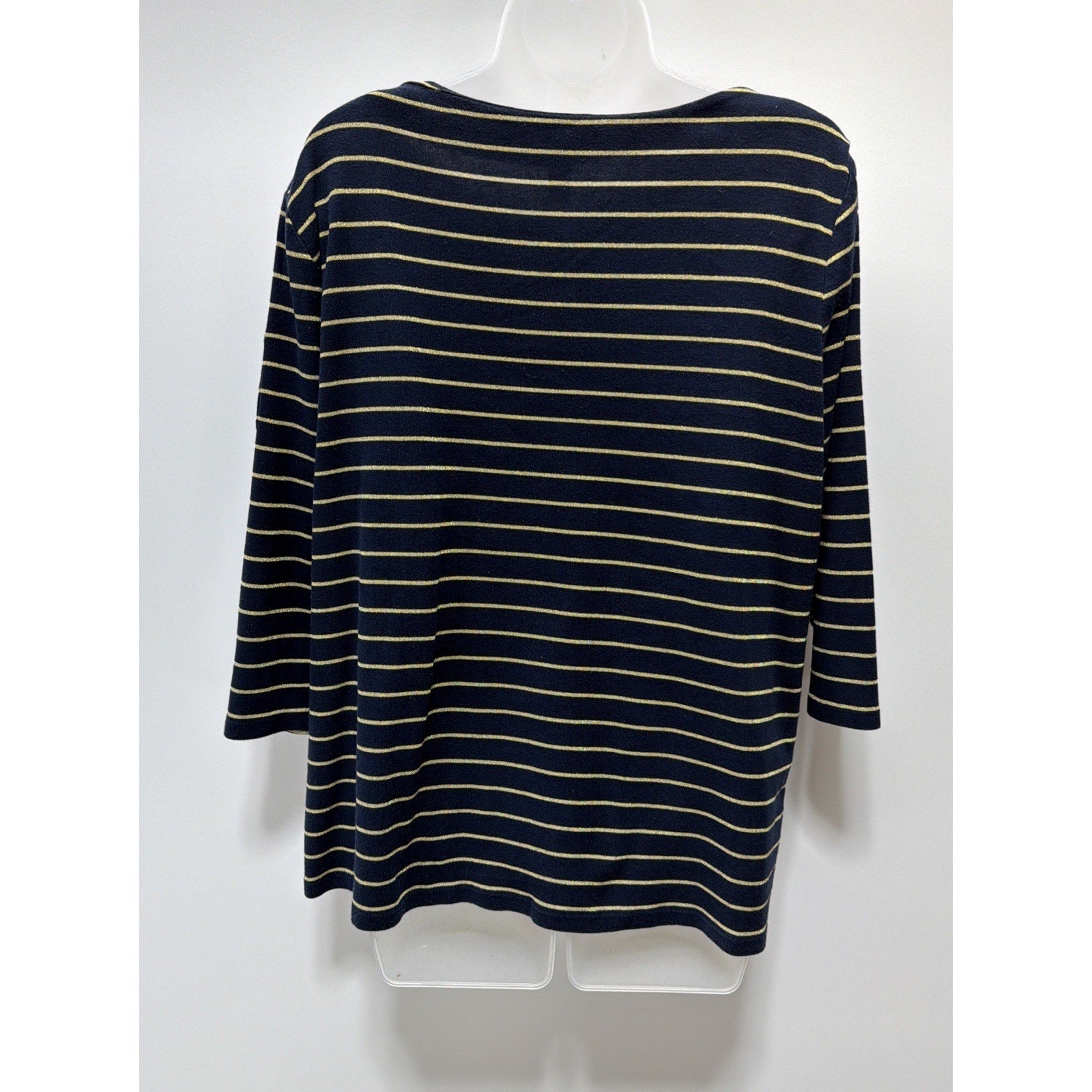 Lauren Ralph Lauren Navy Blue Gold Stripe Top Size 2X Sleeve Pocket Crest Logo