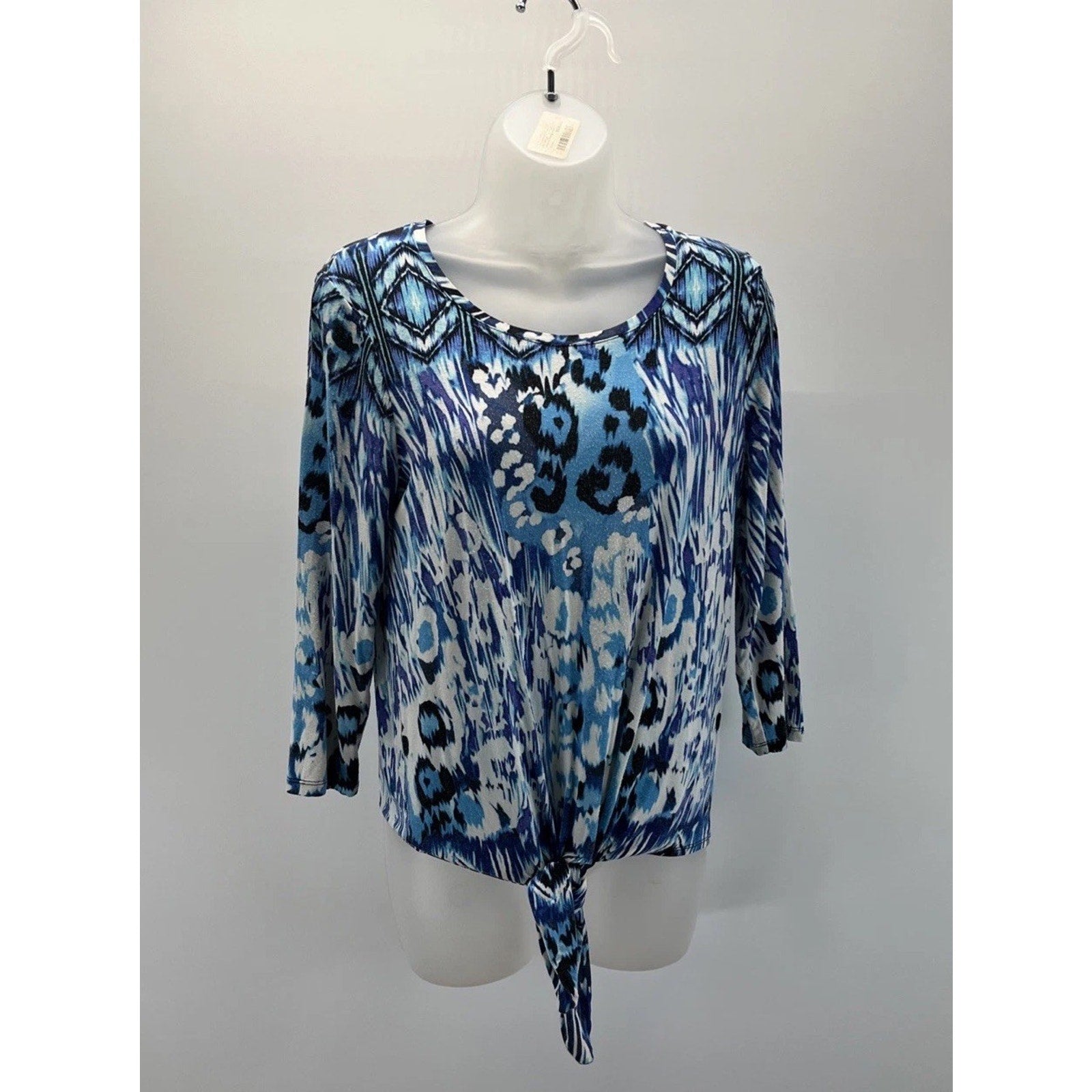 Chico's Blue White Mixed Print Tie Hem 3/4 Sleeve Knit Top - Size 0 S