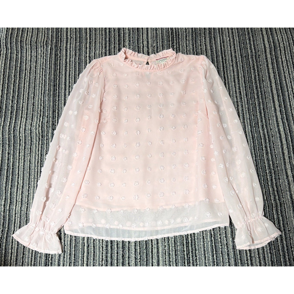 Andree By Unit Blouse Womens Medium Pink Swiss Dot Sheer Long Sleeve Boho Top