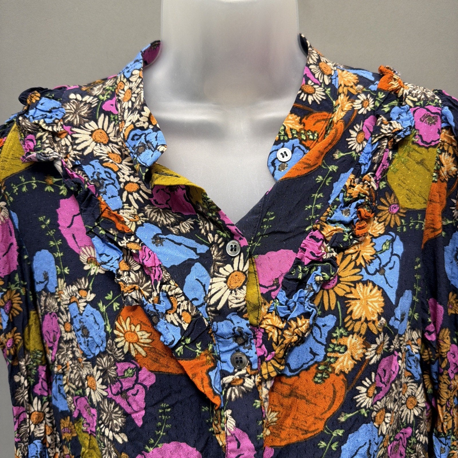 FRNCH Paris Blue Floral Size M Women's Top Button Up Long Sleeve Blouse