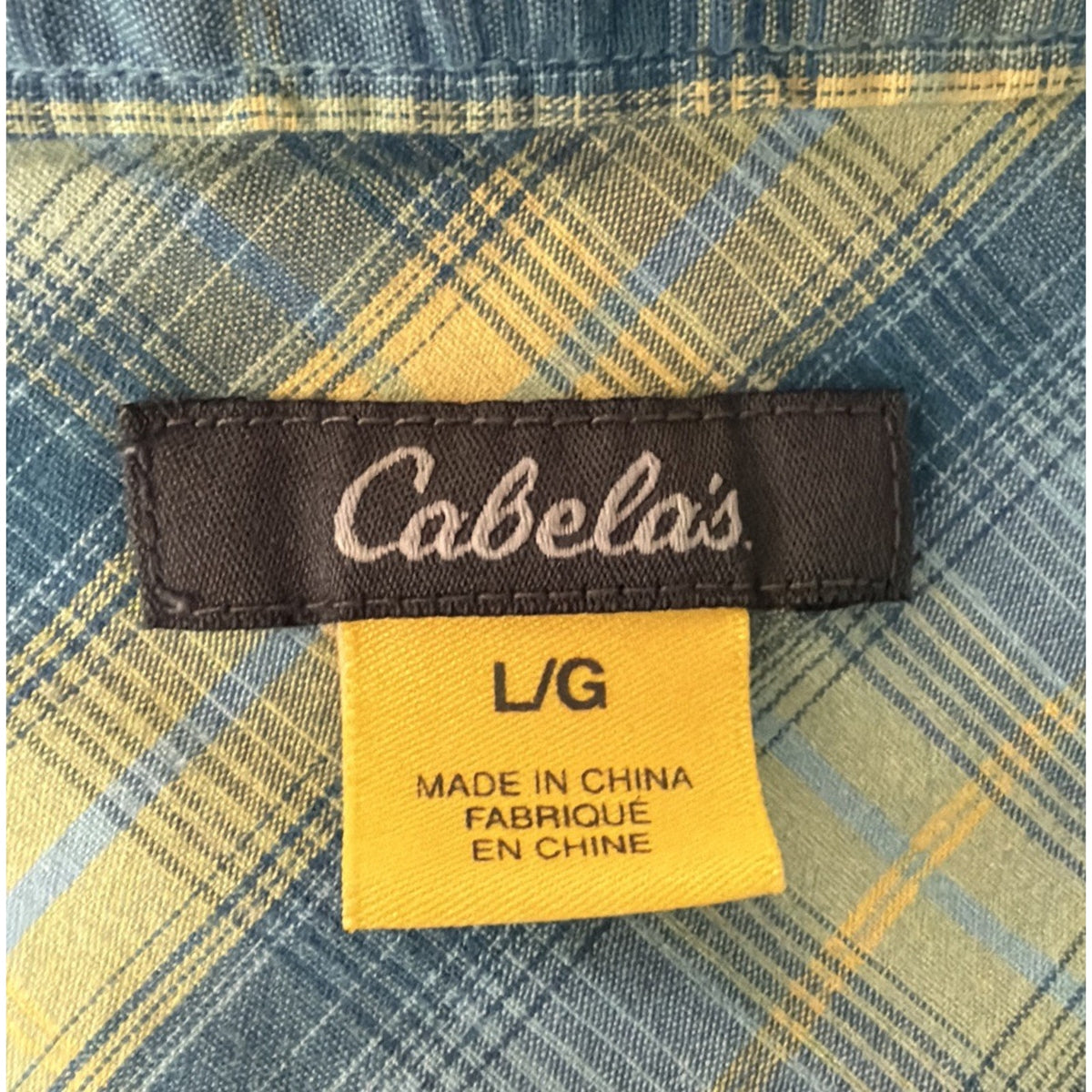 Cabela’s Women L Blue Yellow Plaid Button Down Shirt Short Sleeve Stretch Cotton