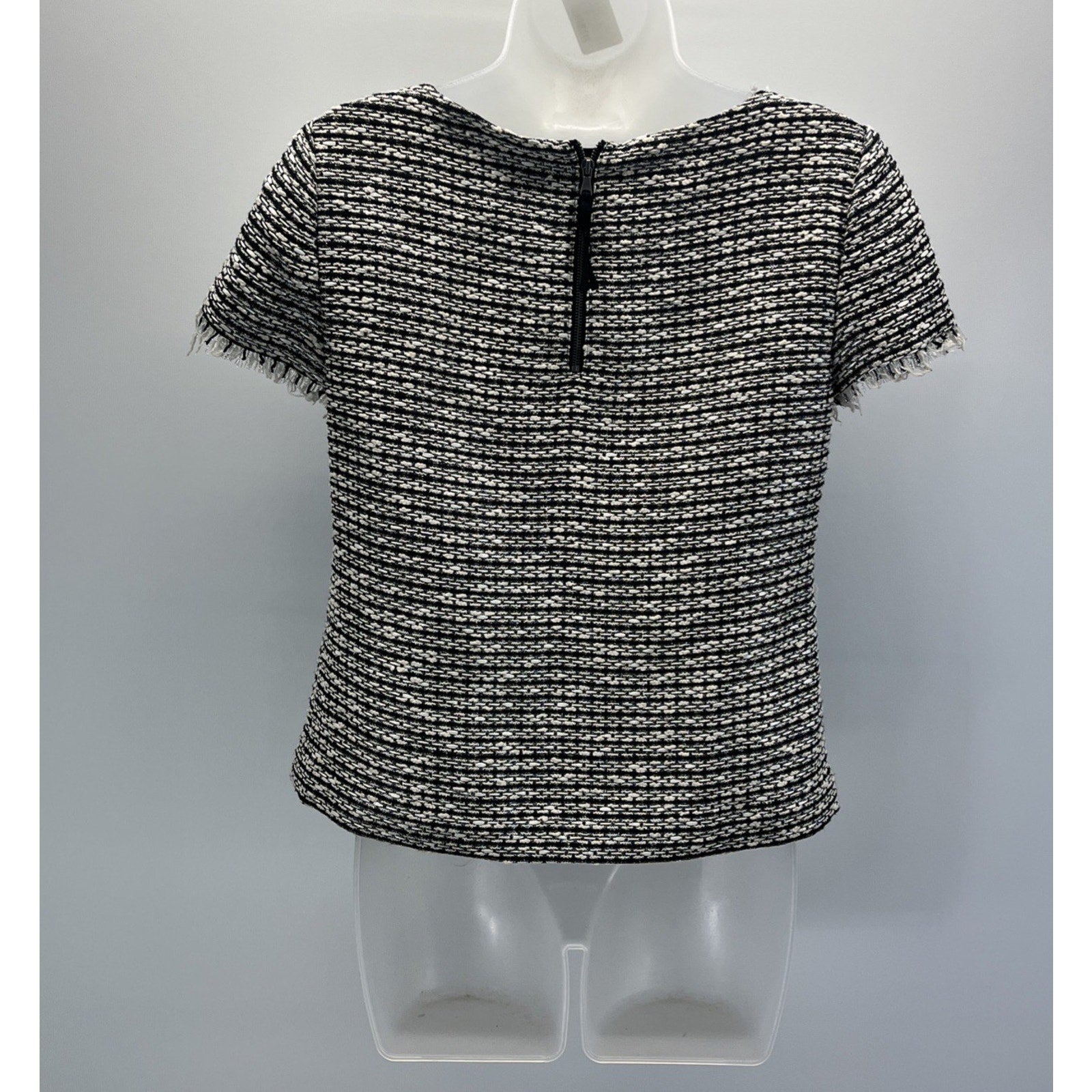 Talbots Women's Sz 4 Petite Tweed Top/Blouse Fringe Trim SS Black Ivory Lined