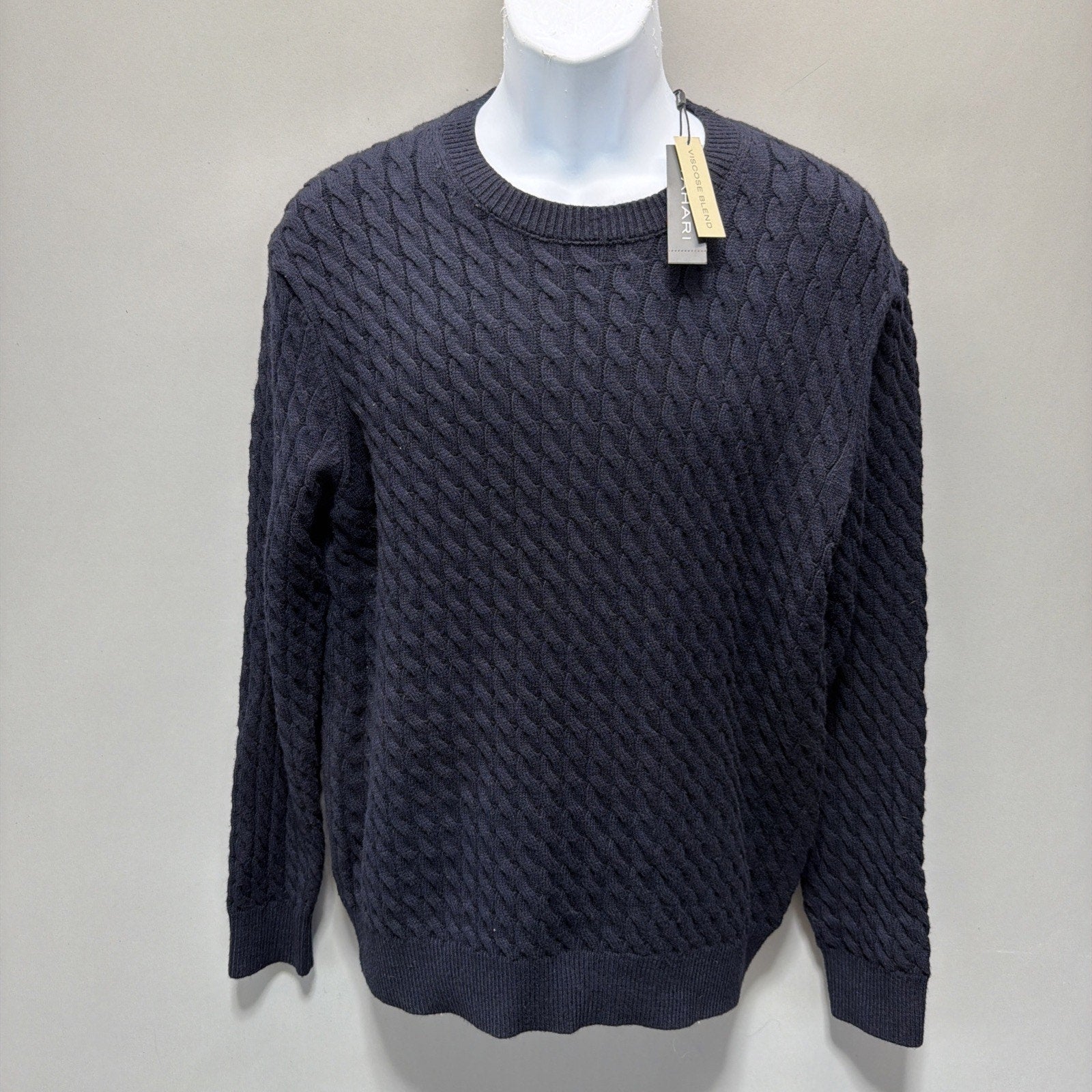 New Tahari Night Life Men's Viscose Blend Navy Blue Cable Knit Sweater Size S