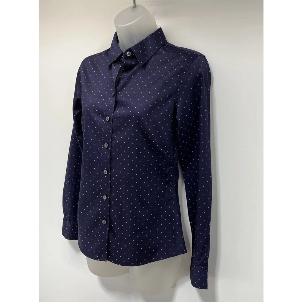 Banana Republic Non Iron Shirt Top Women’s Size 0 Button Up LS Blue W/ Pink Dots