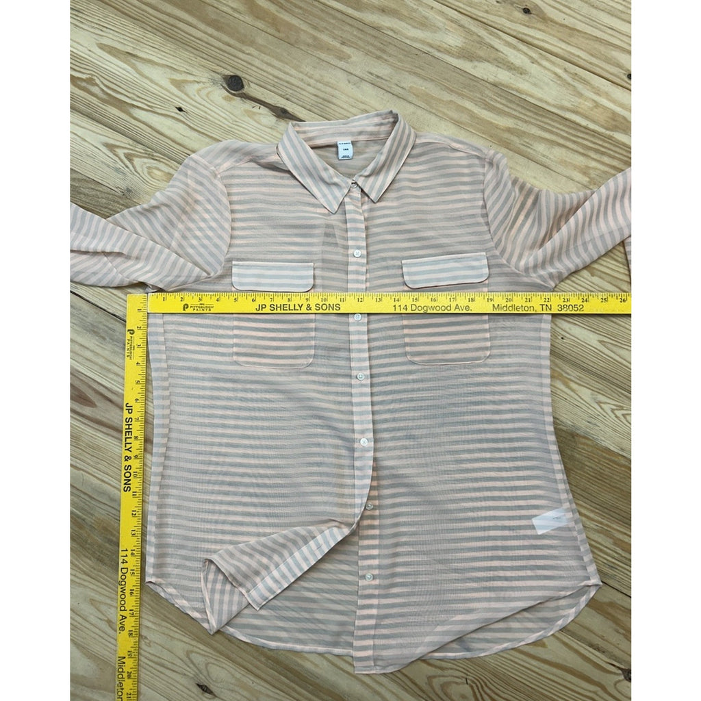 WOMEN'S OLD NAVY SHEER PEACH/GRAY STRIPE LONG SLEEVE SHIRT - SIZE LARGE.