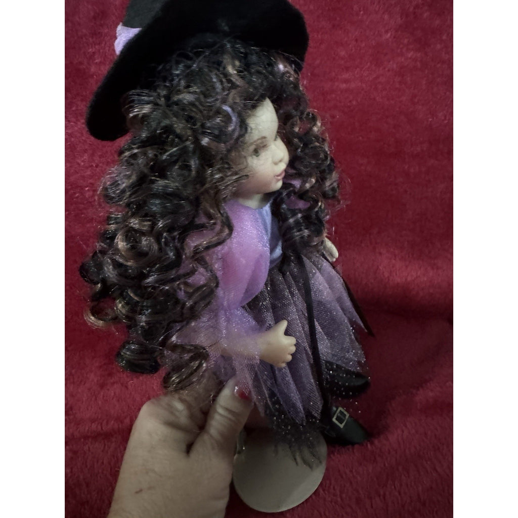 2007 Artist Signed 11” Witch Doll Purple Black Dress Curly Hair Halloween