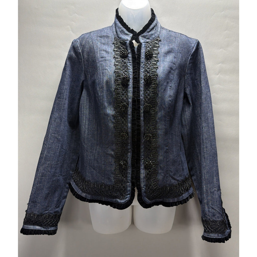 International Concepts Denim Jacket Embroidered Velvet Trim Boho Size Large