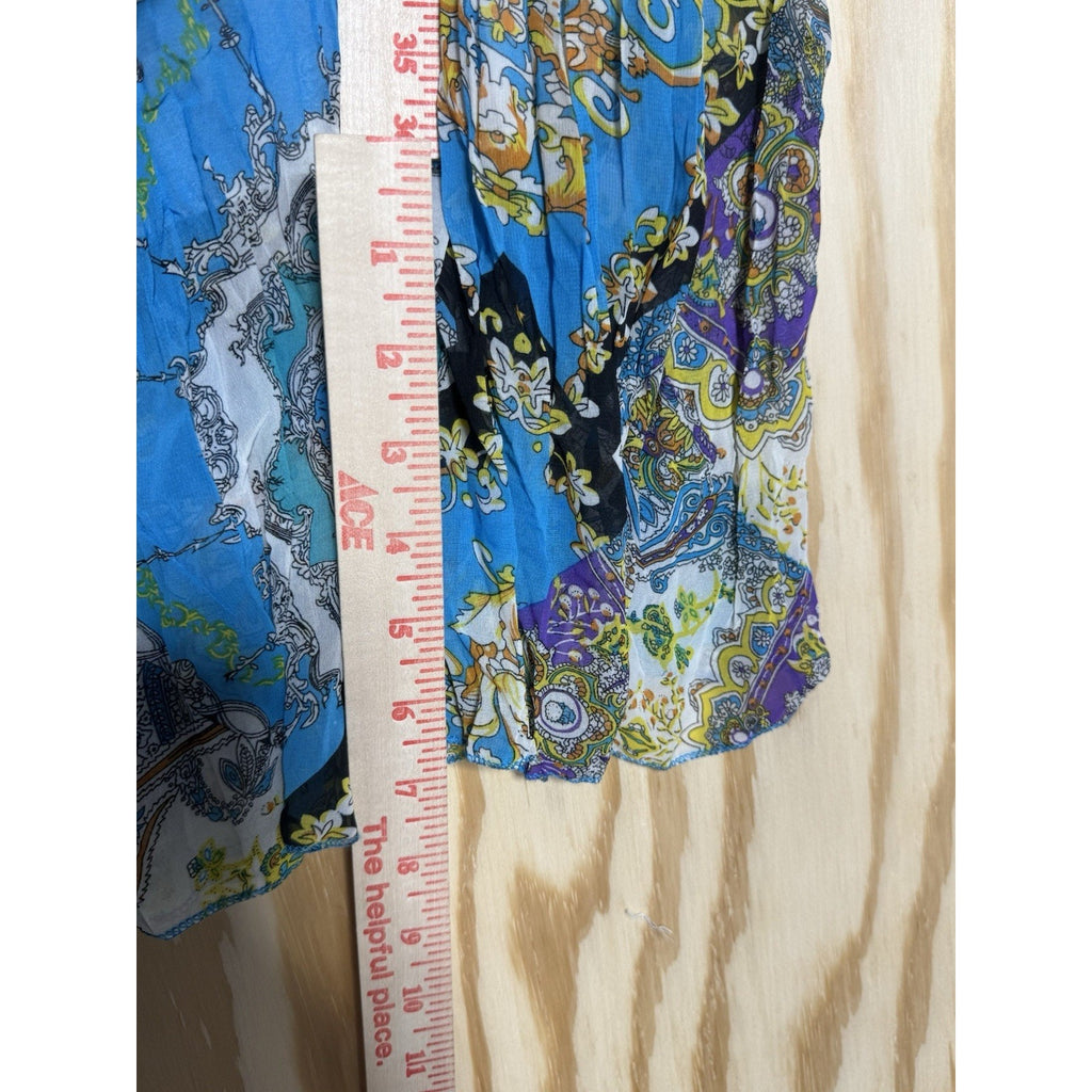 Boho Midi Dress Women M Blue Puff Sleeve Patchwork Print Flowy Summer Vacation