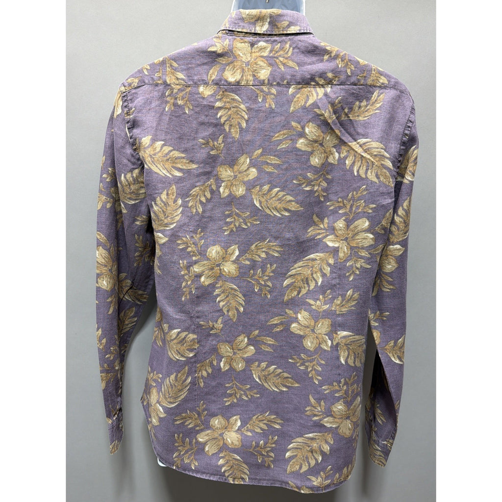 Celio 100% Linen Shirt Men Size M Floral Button Up Long Sleeve Purple Beach