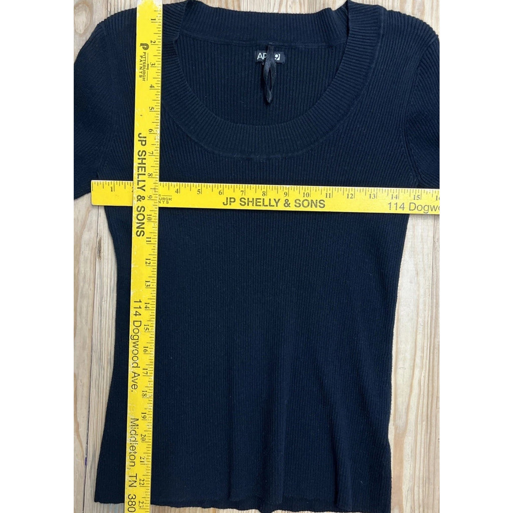 APT 9 SZ L Cotton/Nylon Black Ribbed U-Neck Sweater Thin Pullover