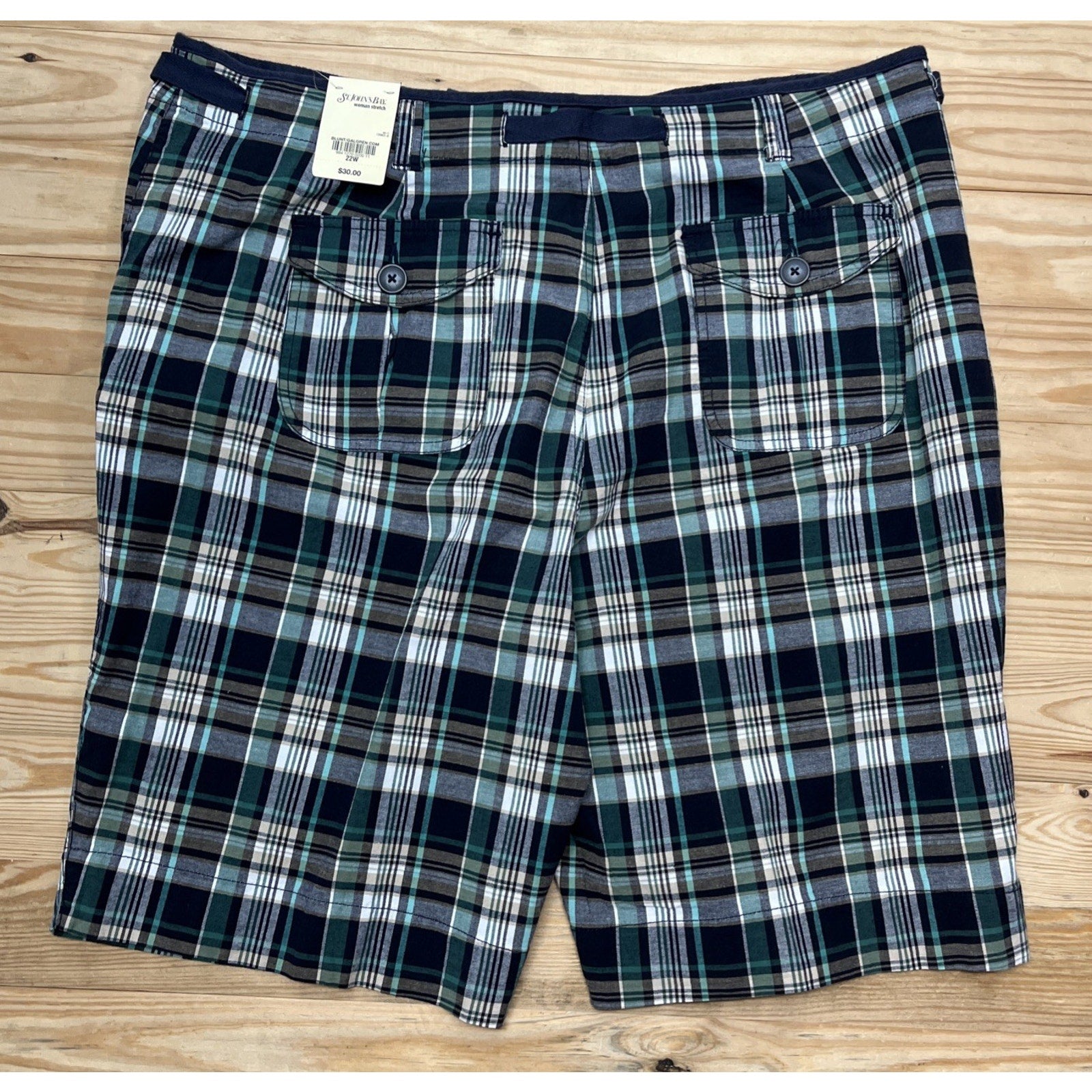 Nwt St Johns Bay Shorts Women's Blue Green Tan Plaid 11” Lightweight 22W
