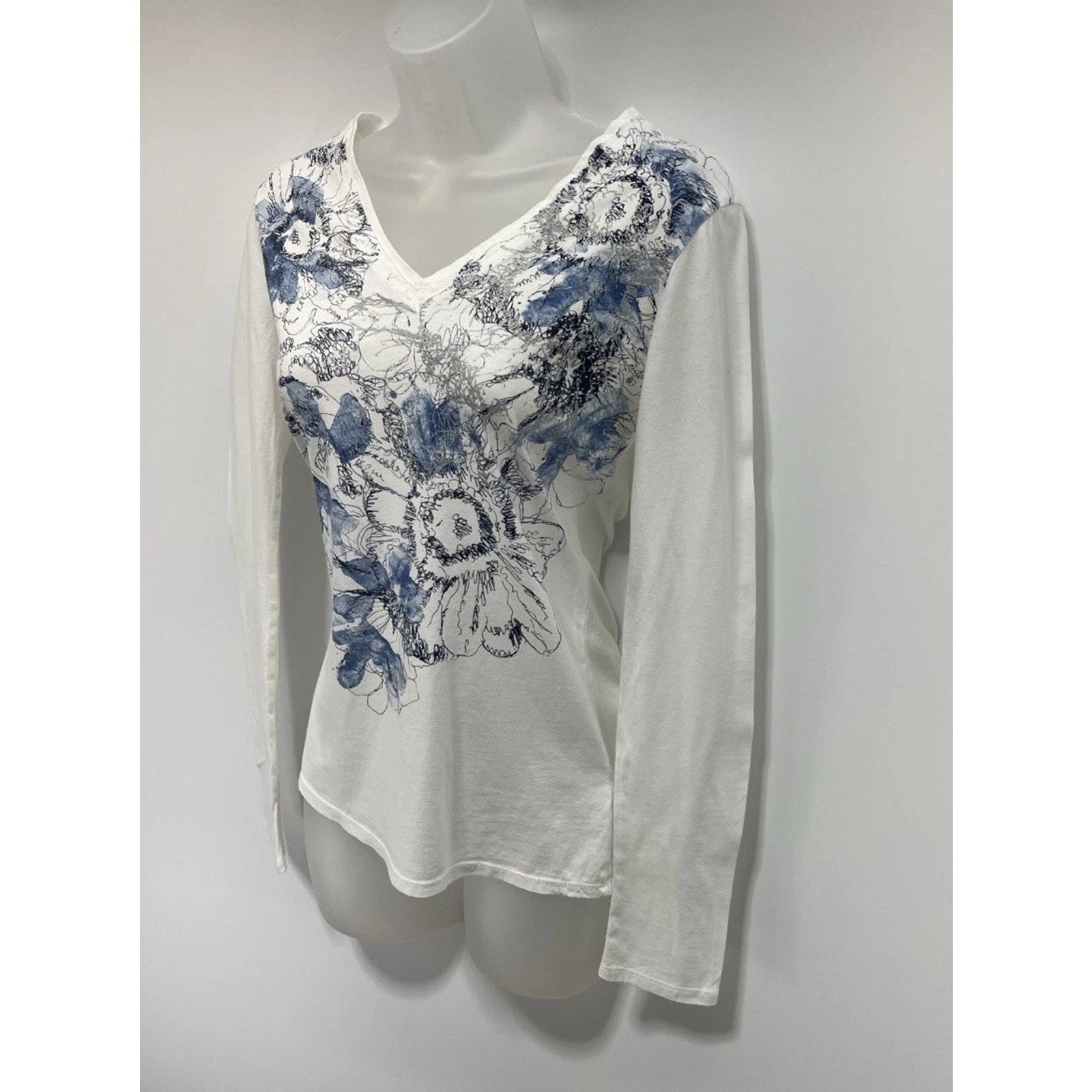 Calvin Klein Women’s White Blue Floral Long Sleeve Pullover Shirt Top V Neck S