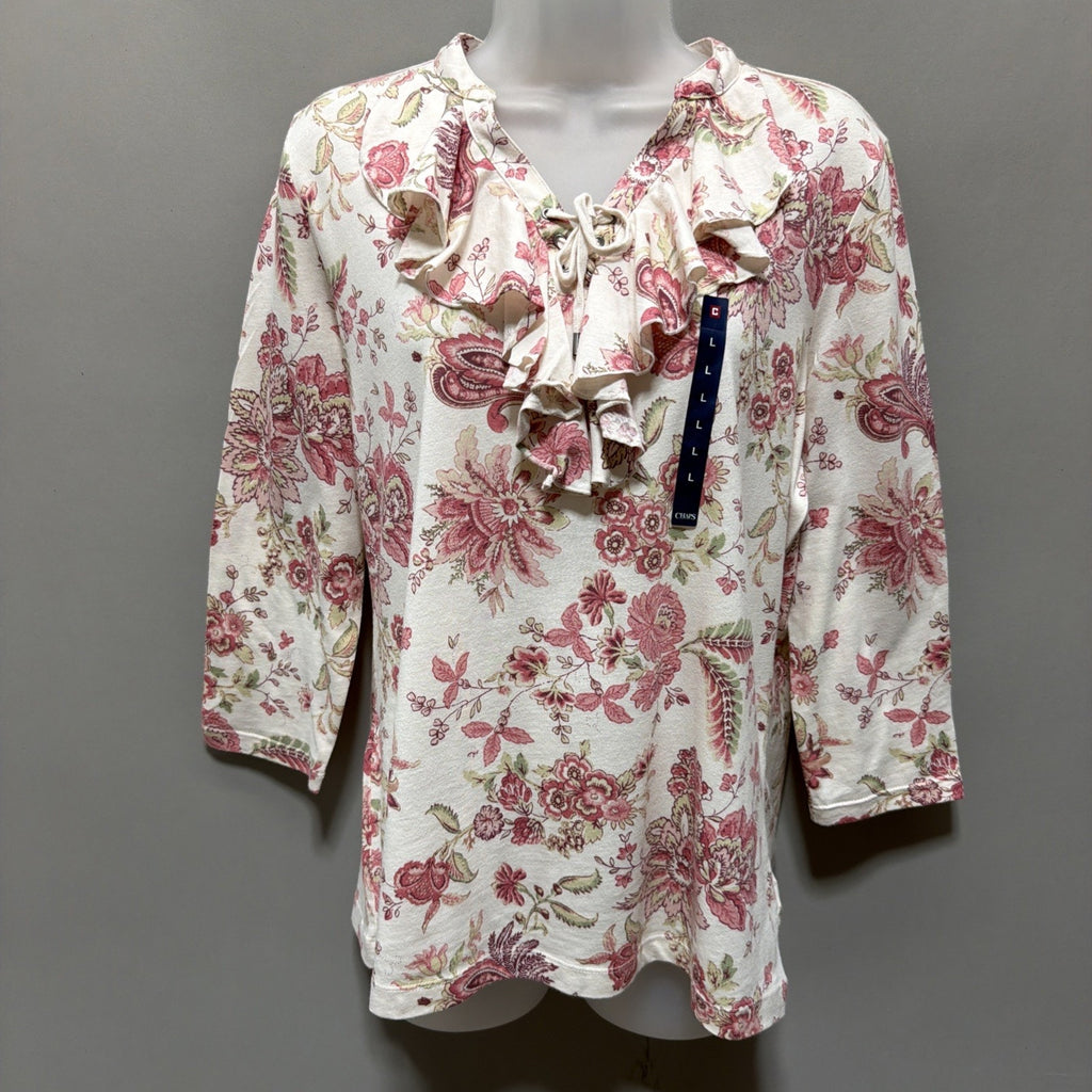 NWT Chaps Denim By Ralph Lauren Cream Paisley Ruffled Blouse Women's Large