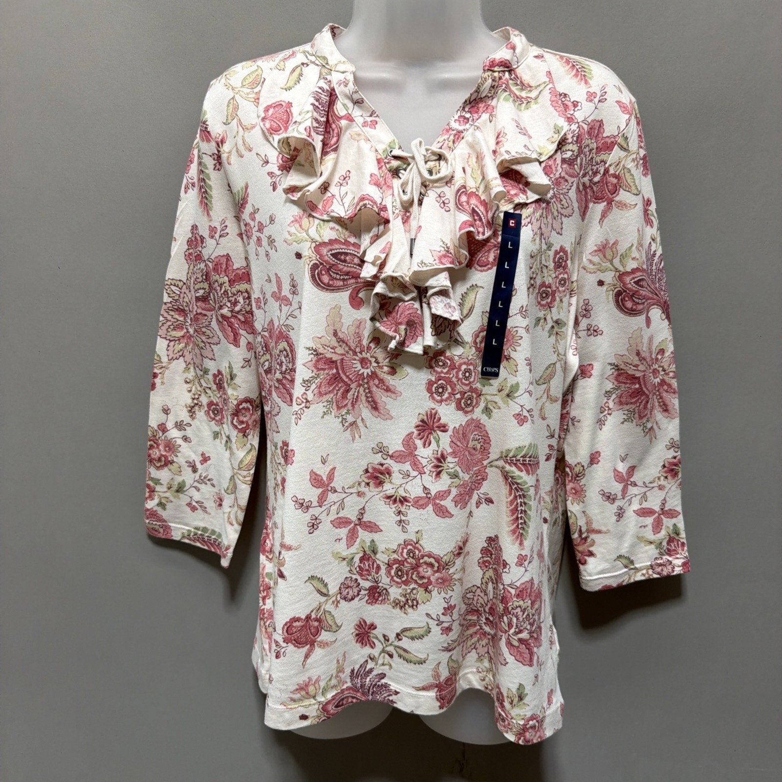 NWT Chaps Denim By Ralph Lauren Cream Paisley Ruffled Blouse Women's Large