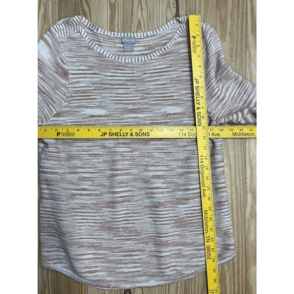 Chico's Size 2 Large Tan Brown Orange Space Dye Striped Marbled Sweater Tunic