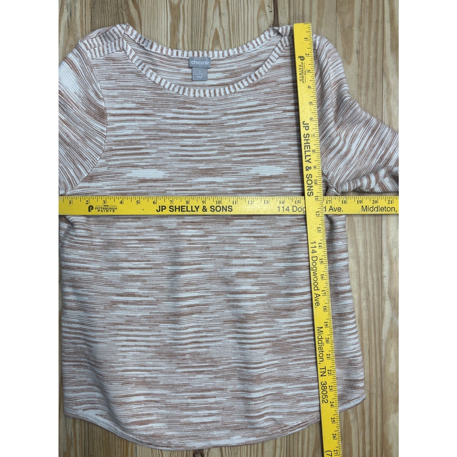 Chico's Size 2 Large Tan Brown Orange Space Dye Striped Marbled Sweater Tunic