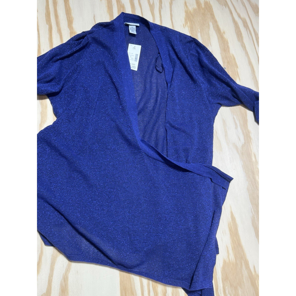 Catherines 2X 22/24W Blue Metallic Open Front Cardigan Lightweight Drape Travel