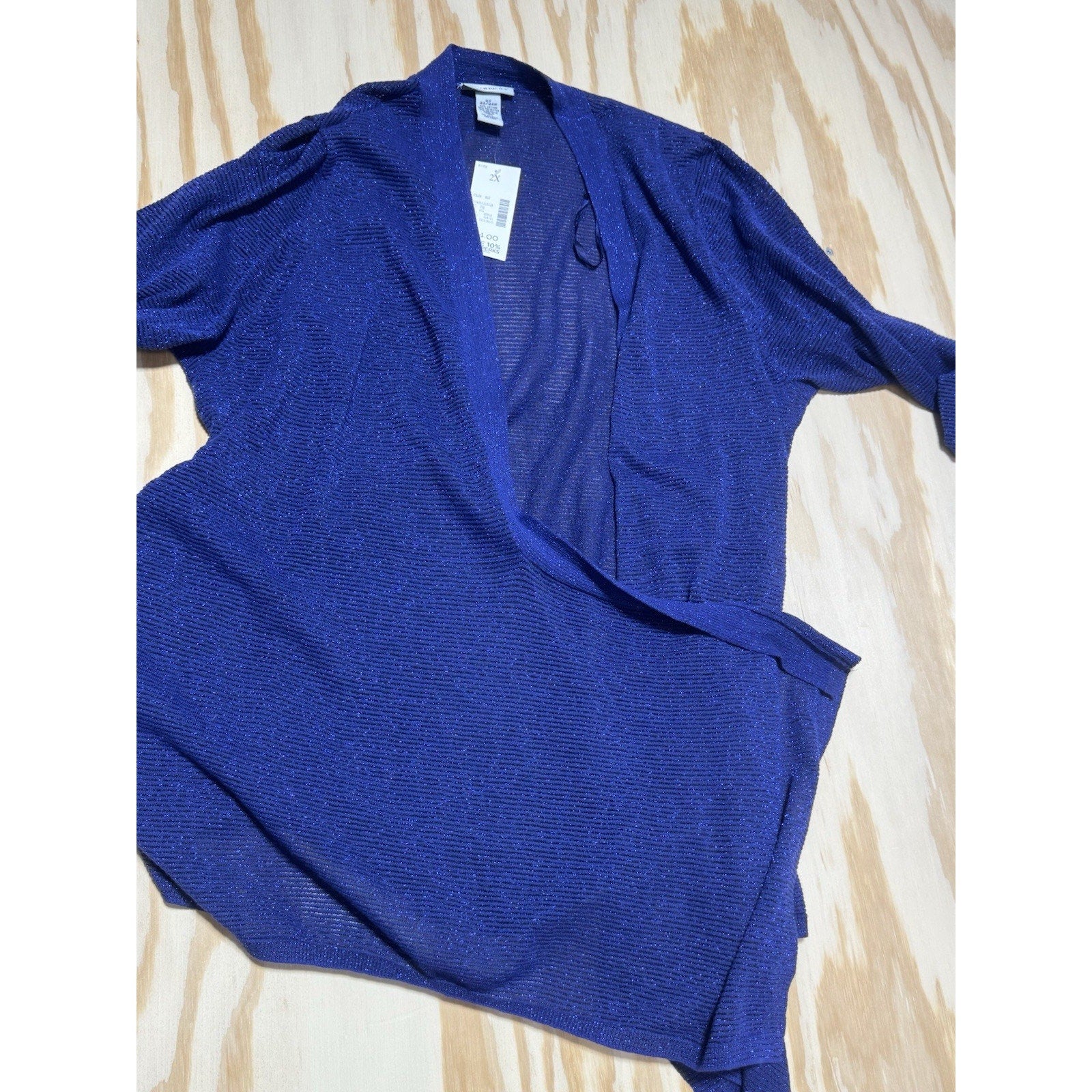 Catherines 2X 22/24W Blue Metallic Open Front Cardigan Lightweight Drape Travel