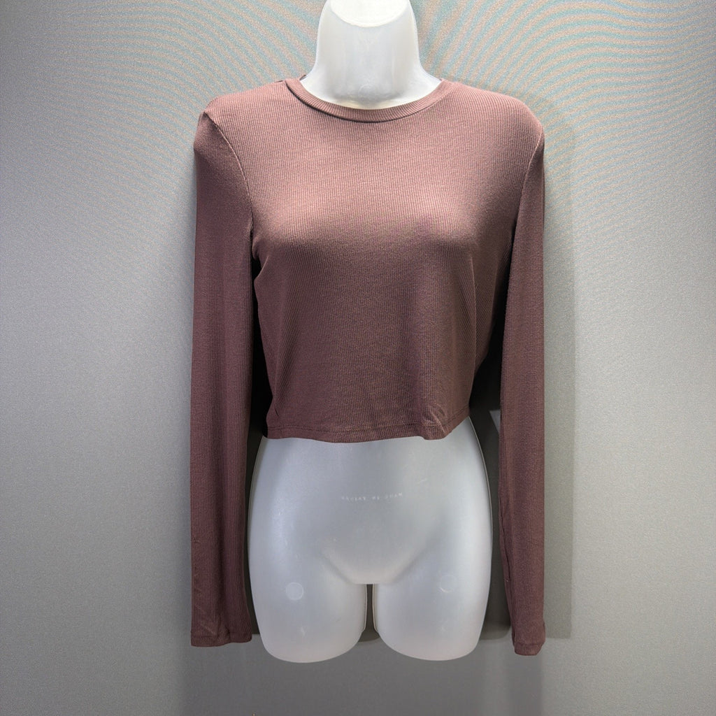 New SWS Essentials Ribbed Crop Top Womens M Brown Long Sleeve NWT