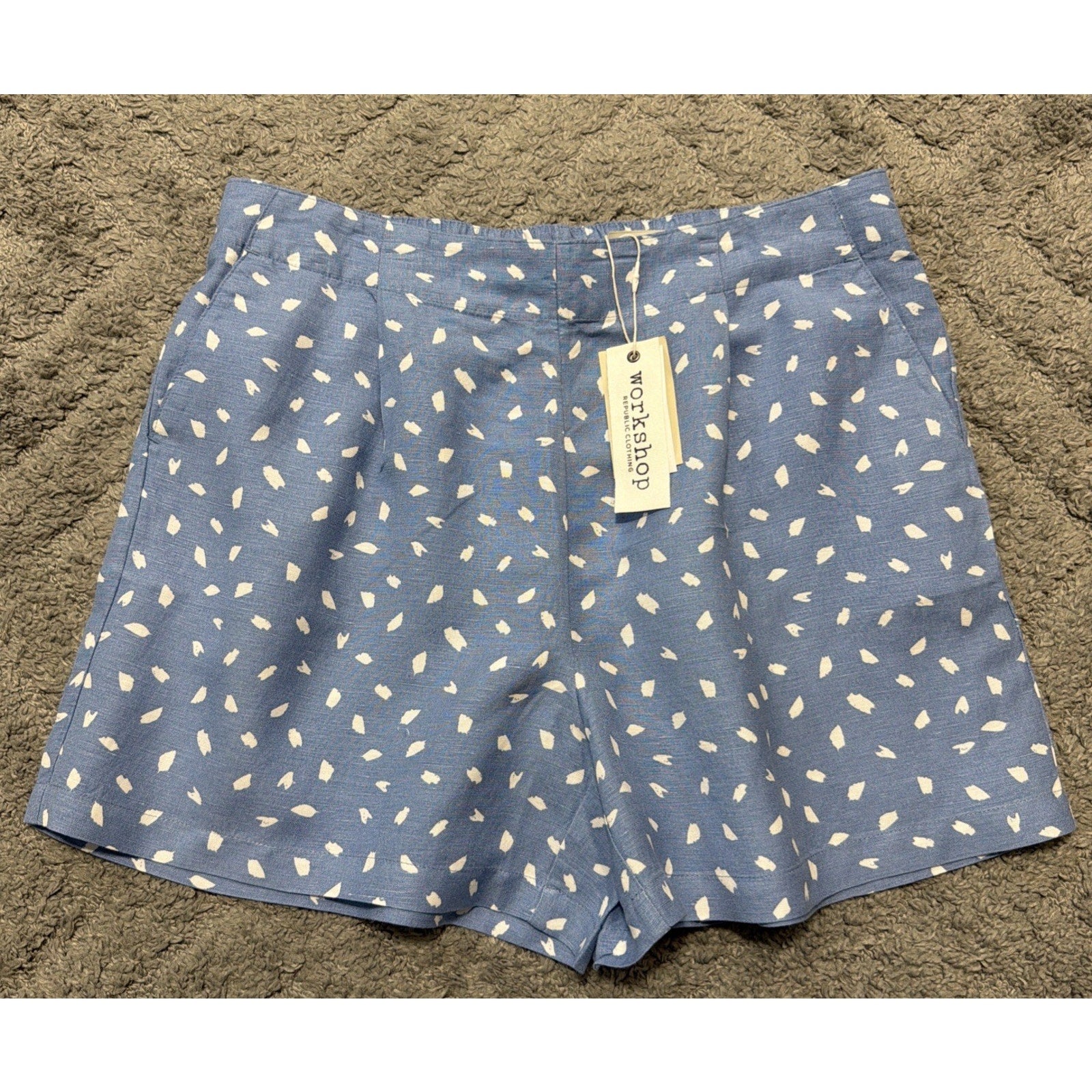 Workshop Republic Linen Viscose Blend Shorts Blue Hi Wide Elastic Band Waist NWT