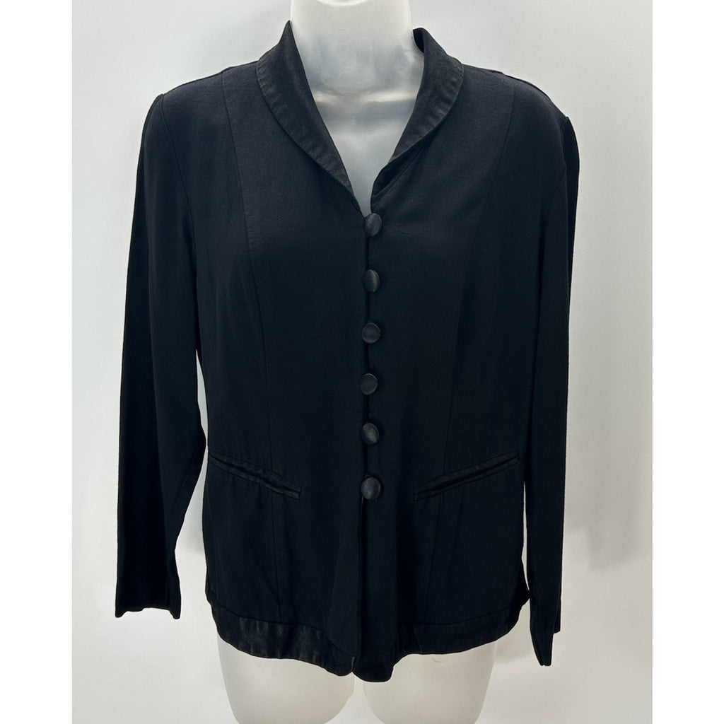 STUDIO I petite Black Blazer Top Sz 8 PM Black buttons & Velvet Trim VTG.