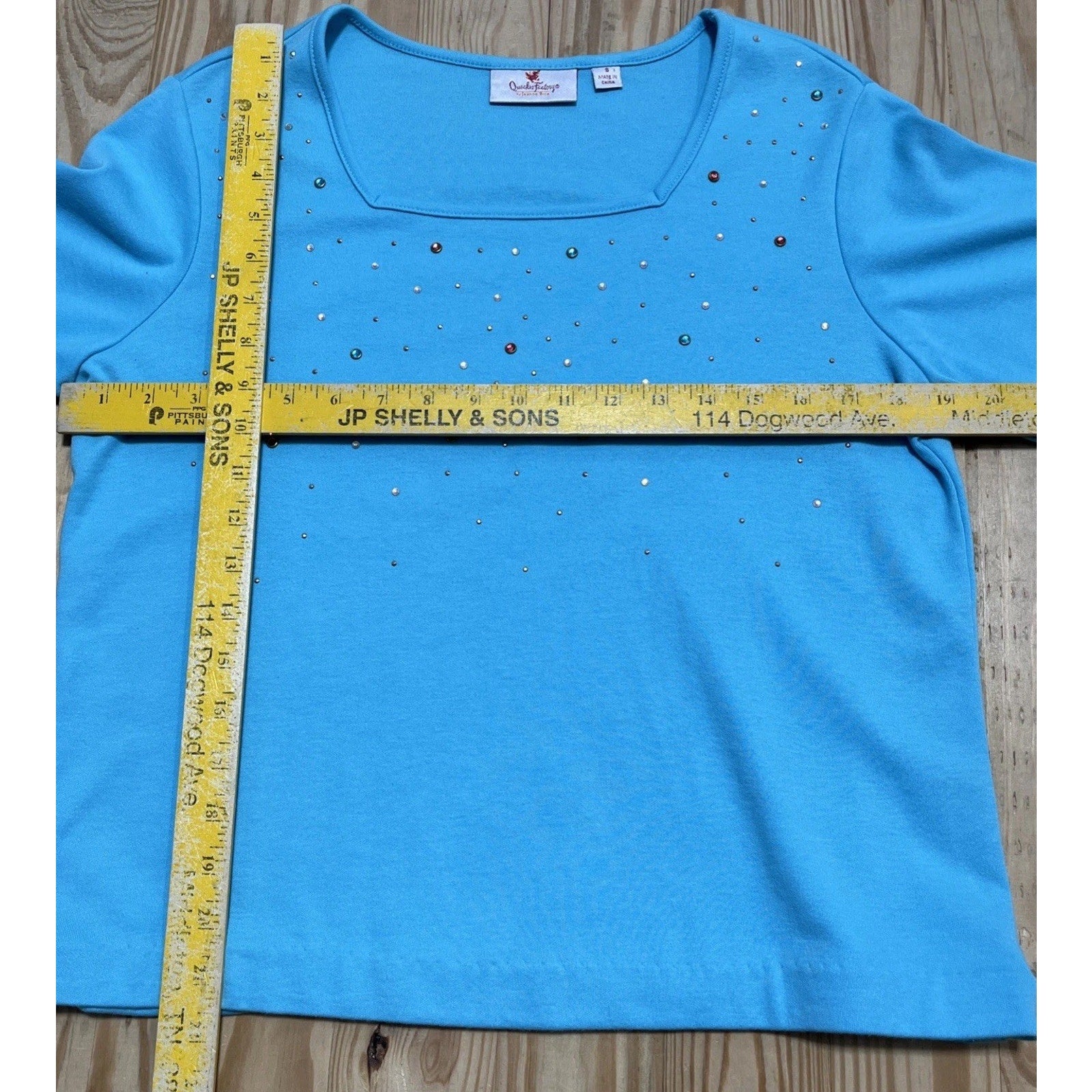 Quacker Factory Rhinestone Embellished Short Sleeve Top Blue Sz S Colorful Gems