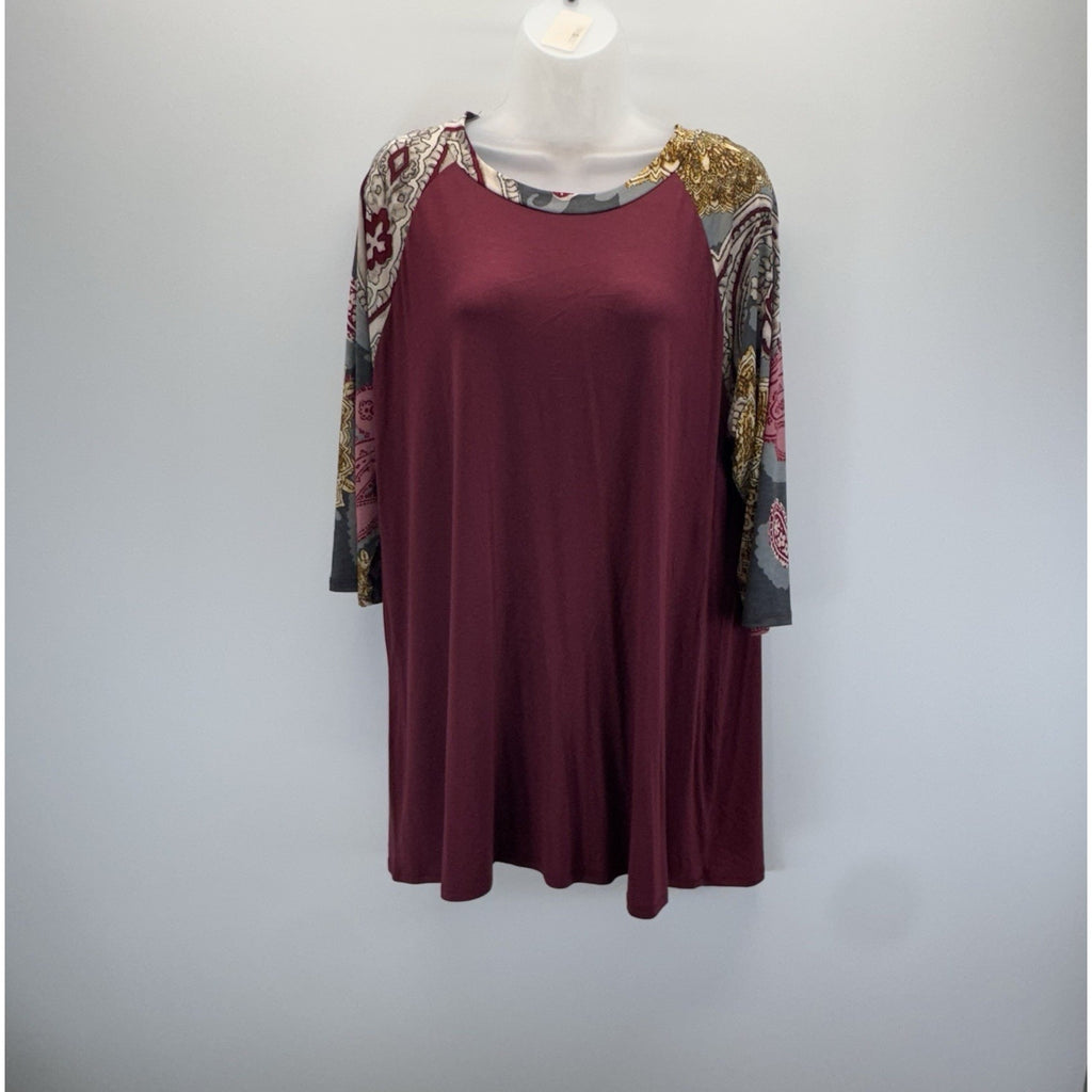 Honeyme Gabby V neck 3/4 Sleeve Tunic Top in Maroon Paisley Women’s Size XL