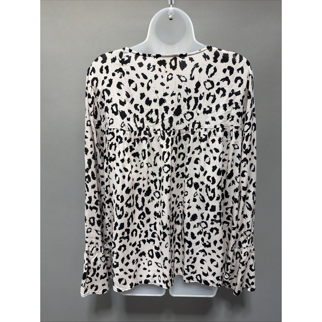 Savanna Jane Boho Embroidered Floral Leopard Print Bell Sleeve V-Neck Blouse L