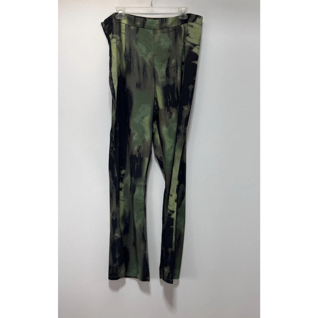 PRETTY LITTLE THING Plus Green Grunge Print Chiffon Flare Pants SIZE 12